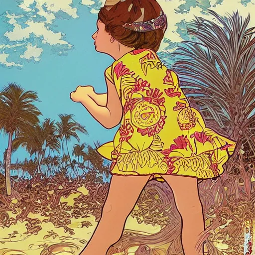 Image similar to a five - year - old caucasian girl with honey brown eyes and hair, wearing a hawaiian dress, dancing on a tropical beach, portrait, wide shot, midday light, bright colors, illustration, pop art, splash painting, graphic novel, art by geof darrow, ashley wood, alphonse mucha