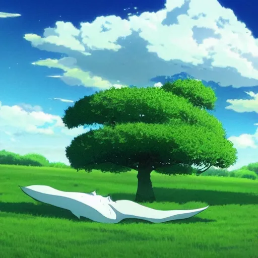 Image similar to big white whale flying near giant tree in the green field, anime, HD,