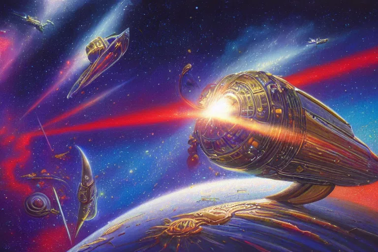 Prompt: shiny aluminum rocket ship in cosmic space by tim hildebrandt, wayne barlowe, bruce pennington, donato giancola, larry elmore, solar sails, sun, colorful nebulae, swirling galaxies, shining metal, glowing engines, masterpiece, trending on artstation, cinematic composition, beautiful lighting, sharp, details, hd, 8 k