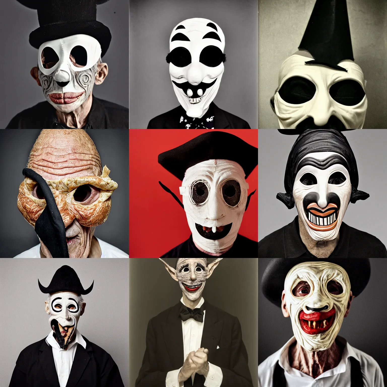 Prompt: portrait photo of an old wrinkled man, skinny face, bony face, long nose, crooked nose, large full mouth, black pulcinella masquerade mask, pointy conical hat, white wrinkled shirt, presenting pizza, black background, close - up, skin blemishes, menacing, intimidating, masterpiece by diane arbus