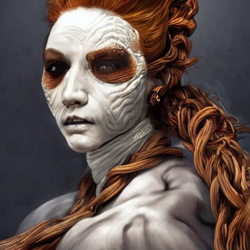 Image similar to portrait of a Shibari rope wrapped face and neck, headshot, insanely nice professional hair style, dramatic hair color, digital painting, of a old 17th century, old cyborg merchant, amber jewels, baroque, ornate clothing, scifi, realistic, hyperdetailed, chiaroscuro, concept art, art by Franz Hals and Jon Foster and Ayami Kojima and Amano and Karol Bak,