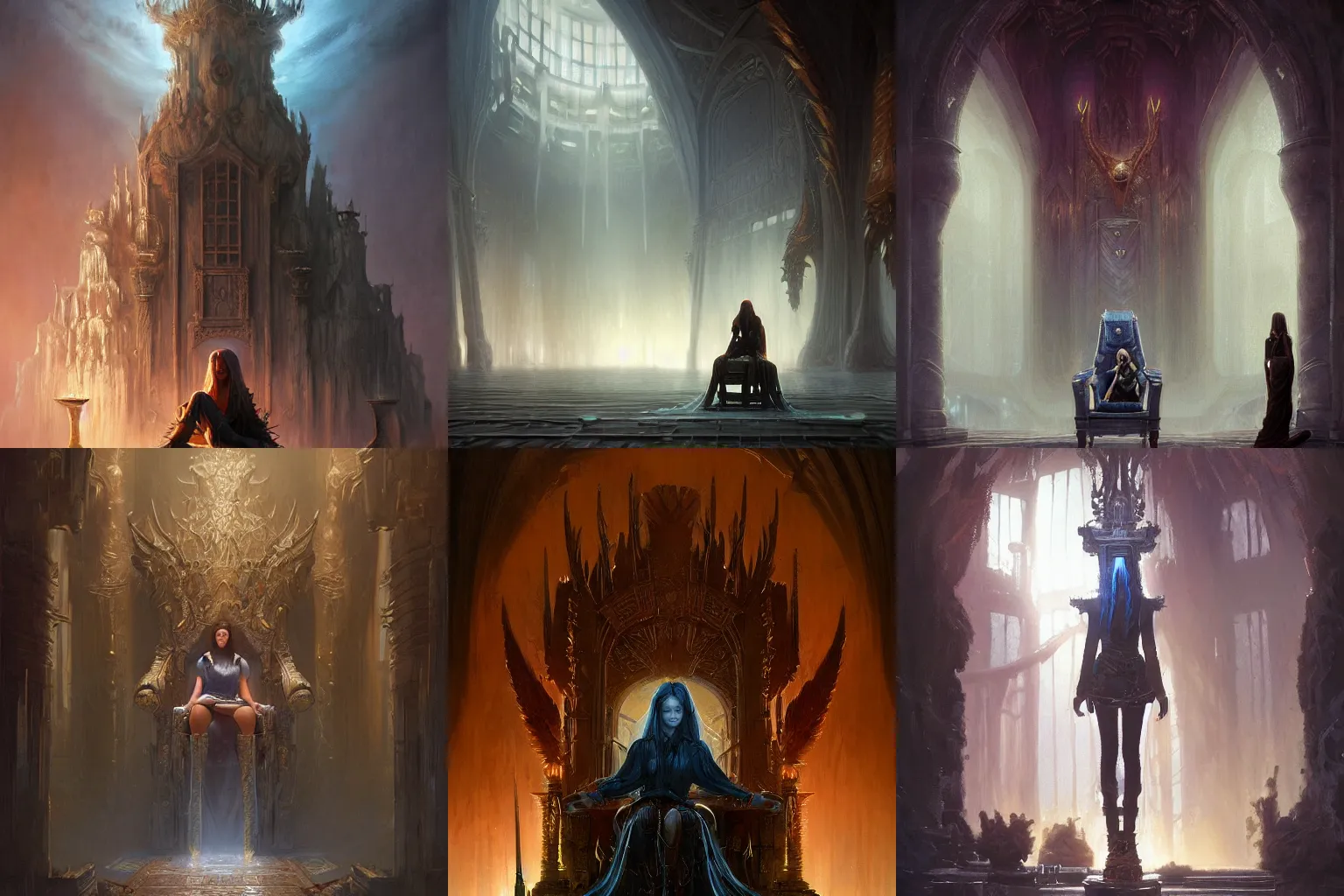 Prompt: masterpiece detailed paiting of a tall throne room with a teenage girl with ragged jeans and worn shirt sitting in a tall throne os spikes, volumetric lighting, foggy, featured on Artstation, by WLOP, Ross Tran, Greg Rutkowski, Dan Mumford, Christophe Vacher