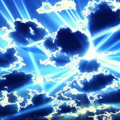 Prompt: clouds with blue rays of light coming from them, photorealistic, heavenly