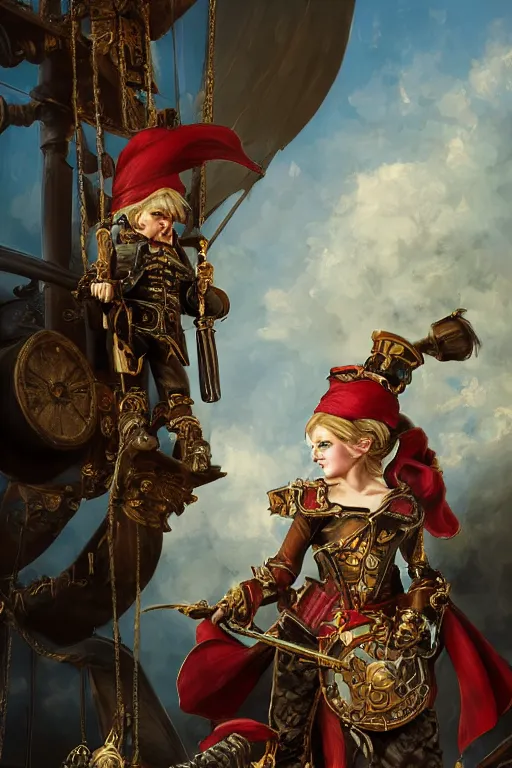 Image similar to digital painting, of a swashbuckling gnome on her clockwork ship , baroque, ornate clothing, realistic, hyperdetailed, chiaroscuro, concept art, art by Franz Hals