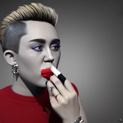 Image similar to Miley Cryus smoking a cigarette, 8k, realistic, extreme details, detailed, sharp, smoke