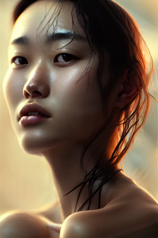 Image similar to beautiful half body portrait of hoyeon jung, face emerging from pool of water with high detail, 8 k, stunning detail, photo by artgerm, greg rutkowski and alphonse mucha, unreal engine 5, 4 k uhd