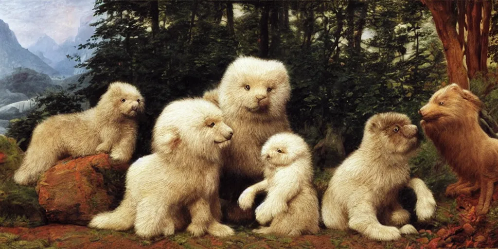 Image similar to 3 d precious moments plush animal, realistic fur, master painter and art style of caspar david friedrich and philipp otto runge