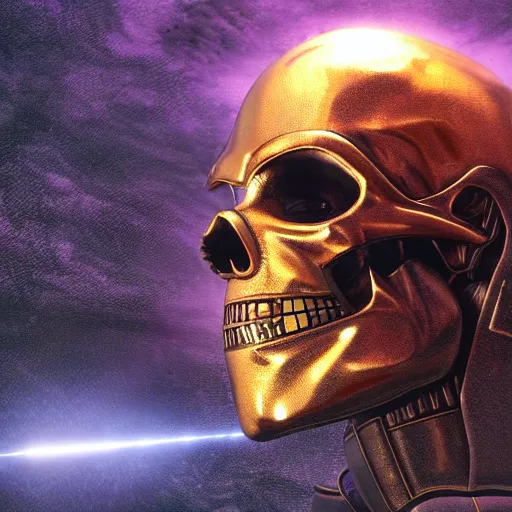 Image similar to high fantasy 1 9 8 0's wargame airbrushed artwork - inspired octane render, a giant silver reflective chrome android wearing a mask shaped like an intricately carved beautiful human skull with glowing laser eyes, golden giant battle armor, inside a futuristic army base