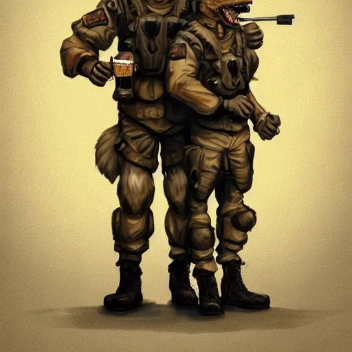 Image similar to two humanoid german shepherds beast - men in military style, they holding a beer, artstation, concept art, smooth, sharp foccus ilustration, artstation