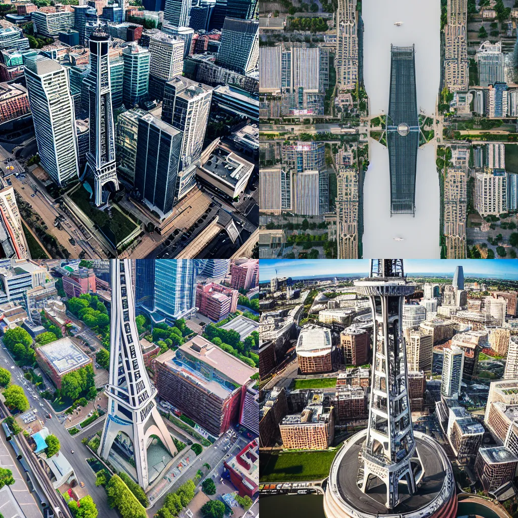 Prompt: Drone photography of a towering building that looks like a cross between the eiffel tower, the space needle, and the st louis arch