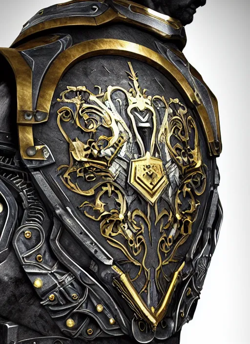 Image similar to hyper realistic glorious ancient shield in a obsidian metal armor, futuristic design, designed by makoto kobayashi and luca zampriolo, cyberpunk style, wood and gold details, intricate, extremely detailed, ornate, deep of field, hard surface, exoskeleton, substance designer metal unreal engine. amazing likeness. very detailed.