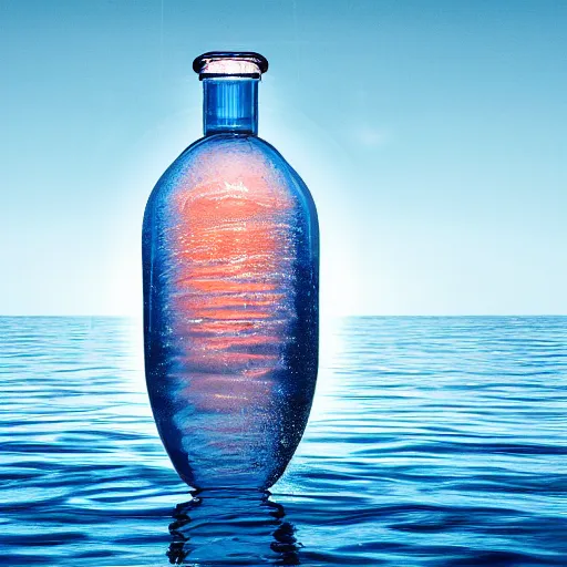 Image similar to water artwork manipulation in the shape of a human head stuffed in a bottle, on the ocean water, futuristic, glowing, gradient, hyper realistic, ray tracing, realistic water, sharp focus, long shot, 8 k resolution, cinematic, photoshop water art