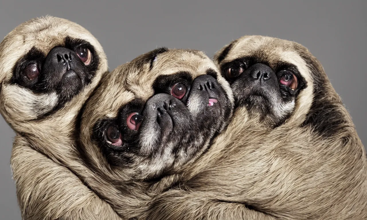 Image similar to sloth cross pug hybrid, chymera, in laboratory panoramic, wide depth of field, 8 k