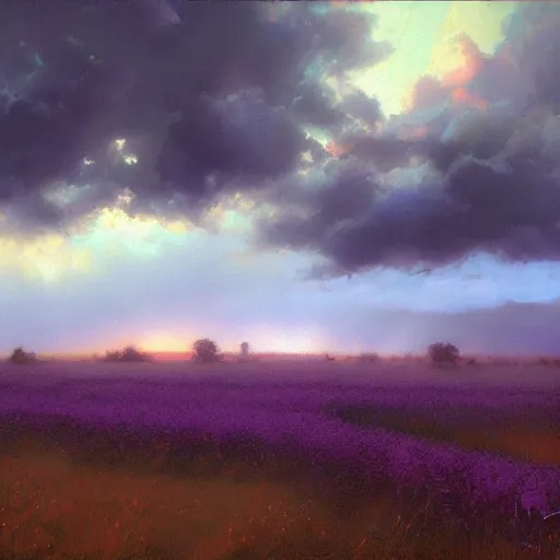 Prompt: scary purple clouds, illuminated by the sun, over a field, beautiful, eerie, craig mullins