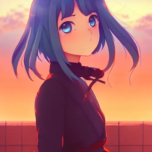 Prompt: digital anime art in the style of netflix arcane, cute female ninja sitting on an old japanese roof at golden hour, soft azure blue eyes, sincere smile, close up, wlop, ilya kuvshinov, backlit