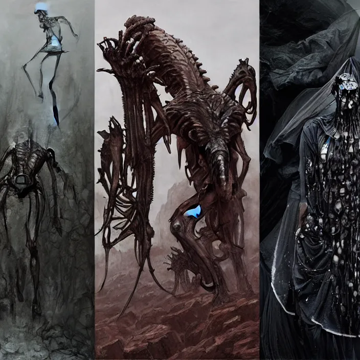 Prompt: still frame from Prometheus by Jakub Rozalski, Ossiarch Bonereaper by Wayne Barlowe by peter Mohrbacher by Giger, dressed by Alexander McQueen and by Neri Oxman, metal couture hate couture editorial