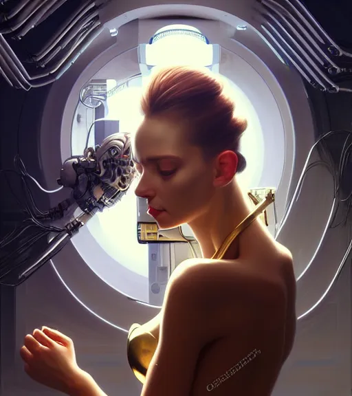 Image similar to beauty woman wrapped in white and gold, Terminator artifacts, electrical case display, cyberpunk tech, ultrarealistic, dramatic lighting, electrical details, high details, 4k, 8k, best, accurate, trending on artstation, artstation, photorealism, ultrarealistic, digital painting, style of Peter Mohrbacher, Caravaggio, Caravaggio, Boris Vallejo, Hajime Sorayama