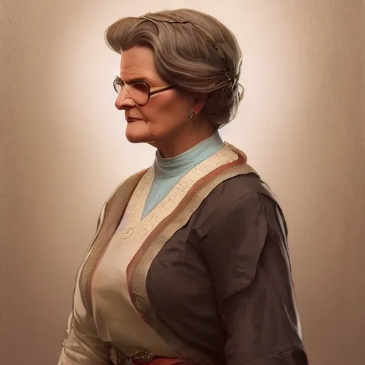 Prompt: mrs doubtfire as a rogue, d & d, fantasy, intricate, elegant, highly detailed, digital painting, artstation, concept art, matte, sharp focus, illustration, art by greg rutkowski and alphonse mucha