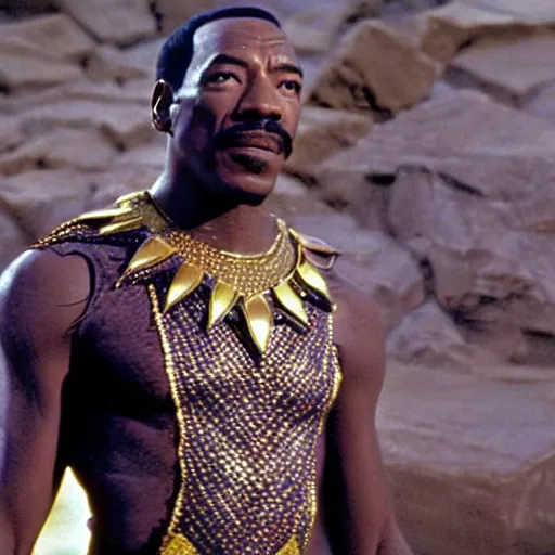 Image similar to film still of 1980s Eddie Murphy as T’Chala in Black Panther movie