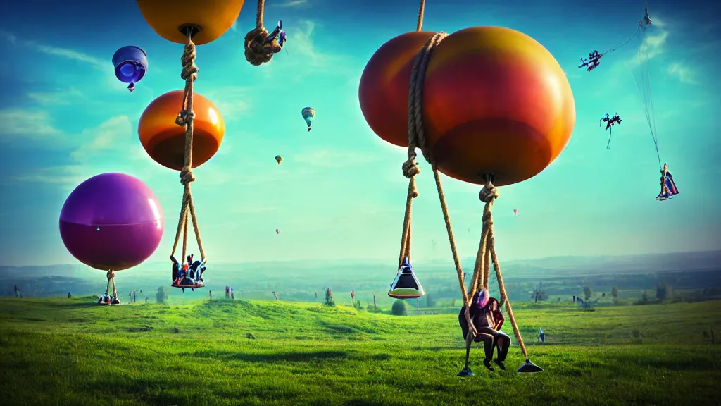 Prompt: large colorful futuristic space age steampunk balloons with people on rope swings underneath, flying high over the beautiful countryside landscape, professional photography, 8 0 mm telephoto lens, realistic, detailed, digital art, unreal engine