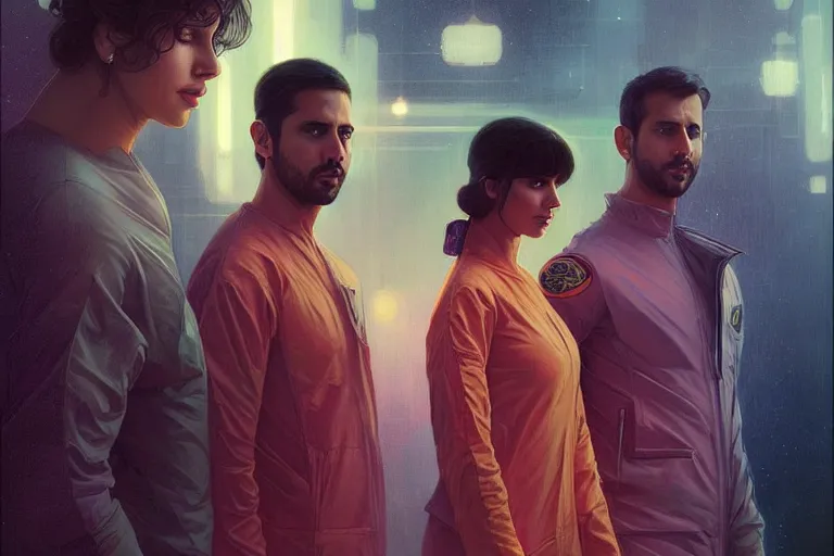 Image similar to Sensual good looking pale young Indian doctors wearing Blade Runner 2049 clothing in a space station above Earth, portrait, elegant, intricate, digital painting, artstation, concept art, smooth, sharp focus, illustration, art by artgerm and greg rutkowski and alphonse mucha