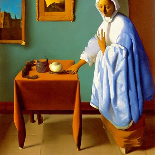 Image similar to Oil painting The Ghost of Vermeer of Delft Which Can Be Used As a Table by Salvador Dali