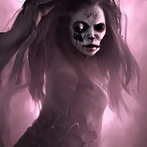 Image similar to female wraith, undead, dynamic pose, skull, terrifying, dark, fog, artstation