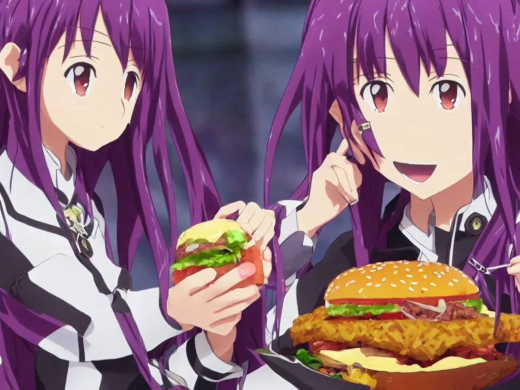 Image similar to yuuki konno from sword art online eating a big burger and being happy, purple hair, High Definition detail, 8K, anime