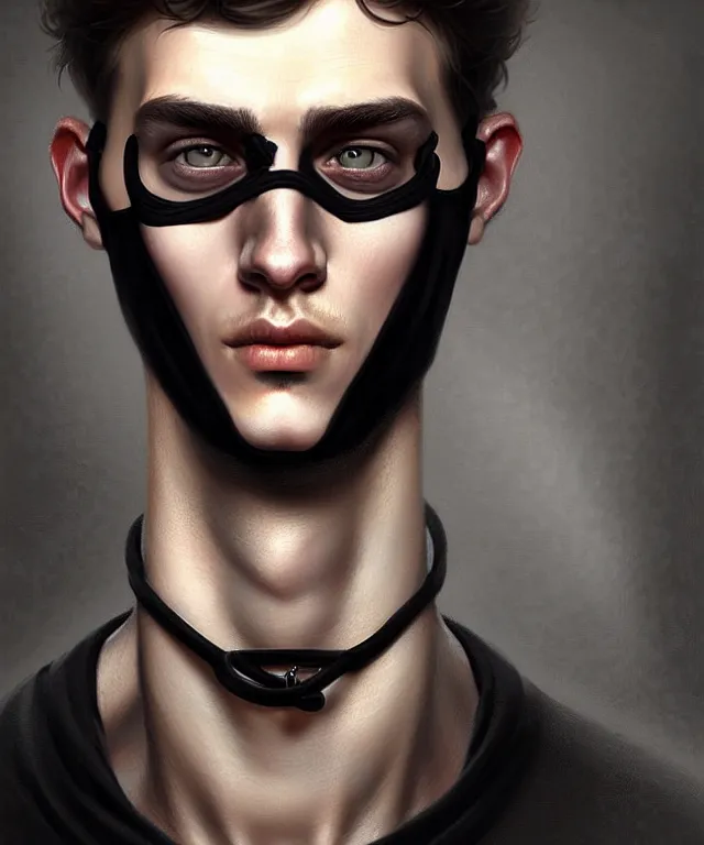 Image similar to european young man wearing medical black mask, beautiful face, highly detailed face!!!, true anatomy!, extremely detailed!, digital painting, unreal engine 5, art by tom bagshaw