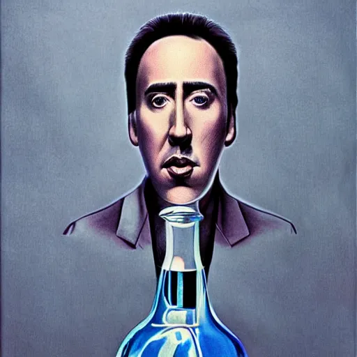 Image similar to Drinking from bottle Nicolas Cage in liquid form, Surrealism, Surreal drawing, Digital art, from artstation, art by Salvador Dali