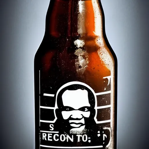 Prompt: a beer bottle with a reflection of mike tyson's face on it.