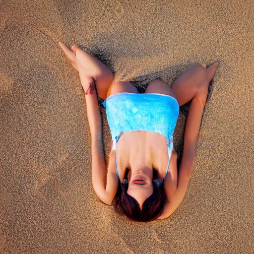 Prompt: prettiest woman in the universe lying in the sand on a beach in the center of the universe. Perfect body aesthetically pleasing light colors in the sky high saturation 8k very detailed
