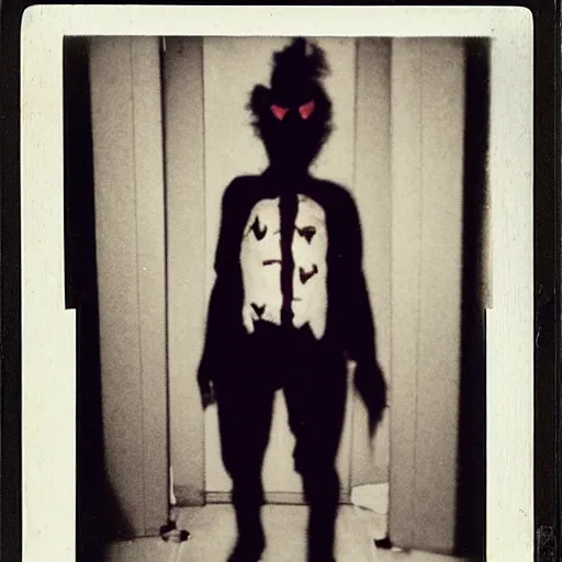 Prompt: an eerie polaroid photograph of a scary evil clown standing in a hallway, nighttime, dimly lit, creepy high detail