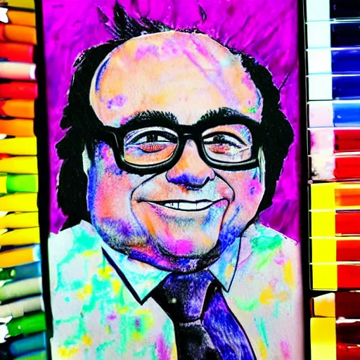 Image similar to a childrens drawing of danny devito, crayon art, watercolor, markers, high quality, high resolution