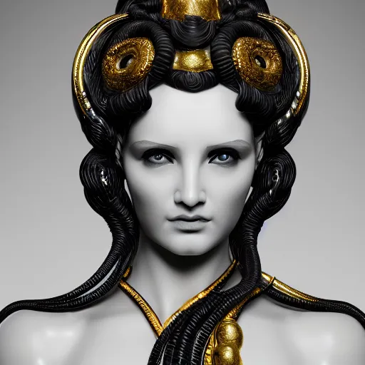 Prompt: smooth white marble statue face of gorgeous medusa gorgo, black onyx details, black and gold wires, hyper realistic render, super detailed, photo quality, octane render, corona render