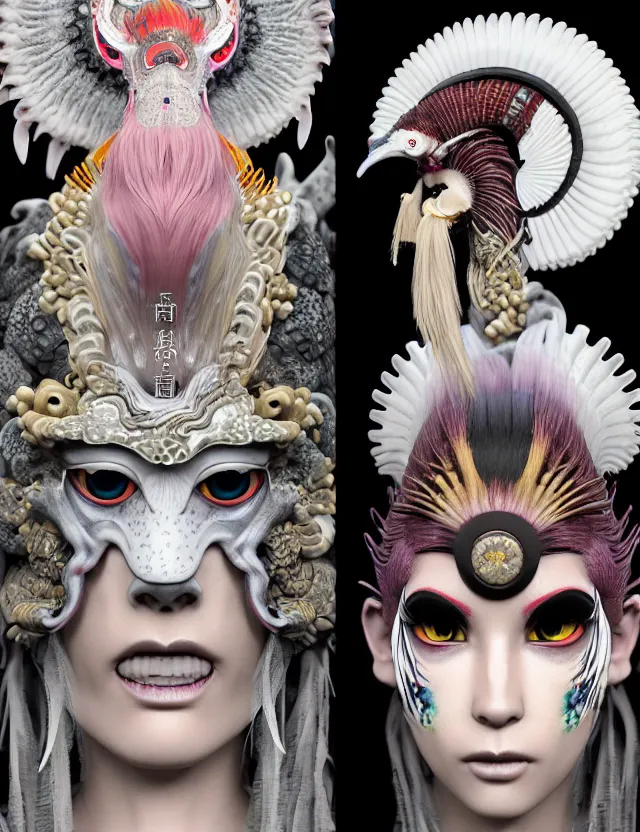 Image similar to 3 d goddess close - up profile portrait punk with mohawk with ram skull. beautiful intricately detailed japanese crow kitsune mask and clasical japanese kimono. betta fish, jellyfish phoenix, bio luminescent, plasma, ice, water, wind, creature, artwork by tooth wu and wlop and beeple and greg rutkowski