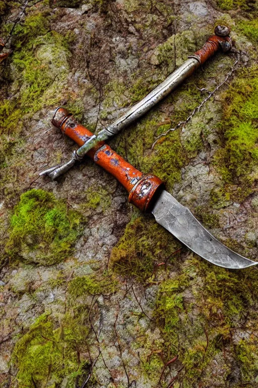 Image similar to a portrait of a rusty longsword stuck in stone, fantasy setting, rust and corrosion, moss and vegetation, ancient forest, excalibur, close - up, intricate details, intricately detailed textures, warm lighting, vivid colors, smoke and mist, hyper realistic octane render, volumetric shading, depth of field, raytracing, 8 k,