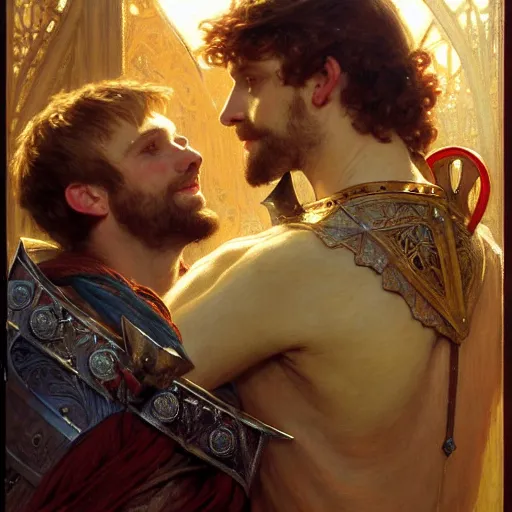 Image similar to attractive arthur pendragon and his favourite attractive male knight, they are in love, camelot, natural lighting, path traced, highly detailed, high quality, digital painting, by gaston bussiere, craig mullins, alphonse mucha j. c. leyendecker