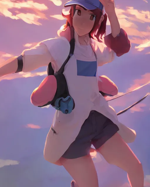 Image similar to a female pokemon trainer girl, full shot, atmospheric lighting, detailed face, by makoto shinkai, stanley artger m lau, wlop, rossdraws, james jean, andrei riabovitchev, marc simonetti, krenz c