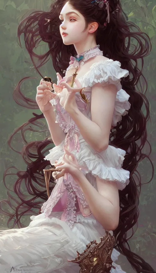 Prompt: portrait of magical lolita girl, dreamy and ethereal, ornate frilly dress, fantasy, intricate, elegant, highly detailed, digital painting, artstation, concept art, smooth, sharp focus, illustration, art by artgerm and greg rutkowski and alphonse mucha