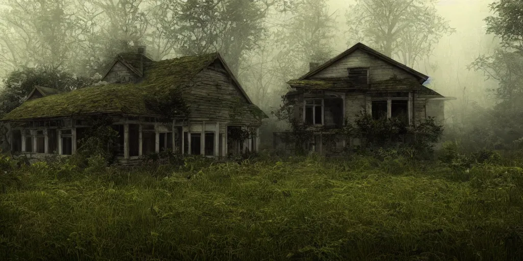 Image similar to photorealistic, ruined english bungalow, overgrown vegetation, in the forest, apocalypse, night, fog, shadowy creatures lurking in foliage, hyperrealistic, grimdark, artstation