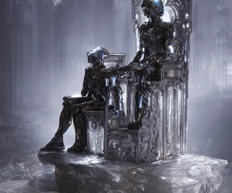 Prompt: translucent cyborg sitting on a metal throne, futuristic castle background, fantasy sci - fi, sharp lines, metallic, 2 0 0 mm