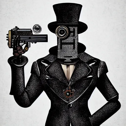 Prompt: a portrait of a robot holding a revolver, steampunk