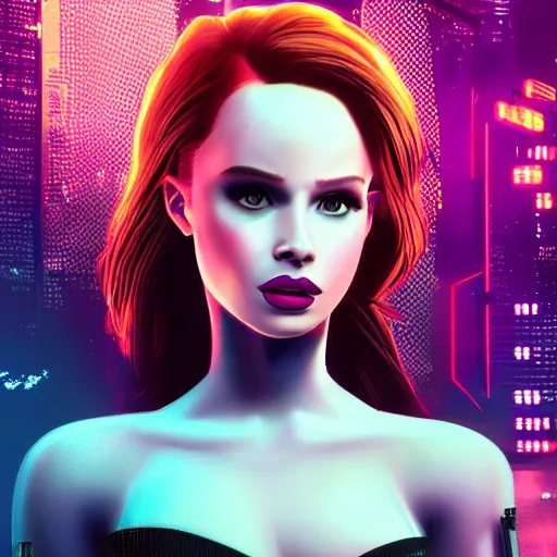 Image similar to madelaine petsch portrait, cyberpunk 2 0 7 7, cyberpunk judy alvarez, photorealistic, ultra detailed, neon, octane, bokeh, cinematic lighting, cyber, cyberpunk city, studio quality, feature, scars, cyberface, 8 k