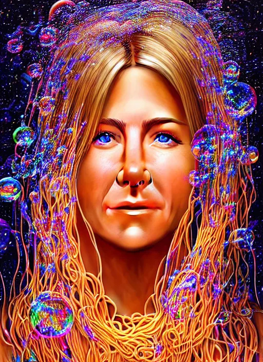 Image similar to hyper detailed 3d render like a Oil painting - Jennifer Anniston with blonde hair in thick mascara seen seriously making soap bubbles and Eating of the Strangling network of spaghetti and exotic colorful trees and Her delicate Hands hold of orange parrots bring iridescent luminescent trees whose blossoms black the intelligent stars by Jacek Yerka, Mariusz Lewandowski, Houdini algorithmic generative render, Abstract brush strokes, Masterpiece, Edward Hopper and James Gilleard, Zdzislaw Beksinski, Mark Ryden, Wolfgang Lettl, Dan Hiller, hints of Yayoi Kasuma, octane render, 8k