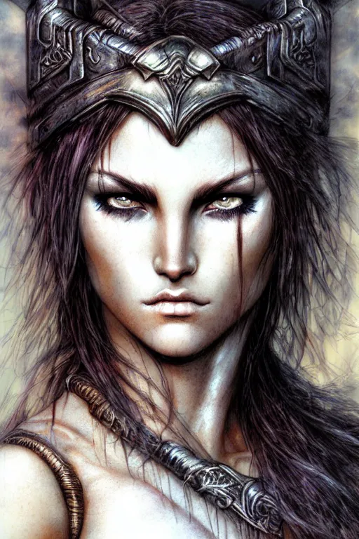 Prompt: head and shoulders portrait digital illustration of a barbarian, female, high fantasy, d & d, by luis royo, face details, smooth, sharp focus,