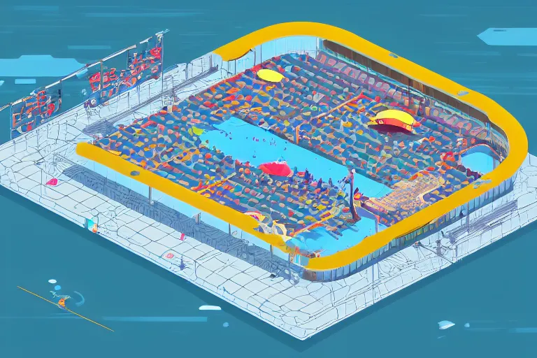 Image similar to isometric view of a multi - leveled high - tech arena floating in the sky, inspired by modern skate parks and modern chinese playgrounds in the style of splatoon, day