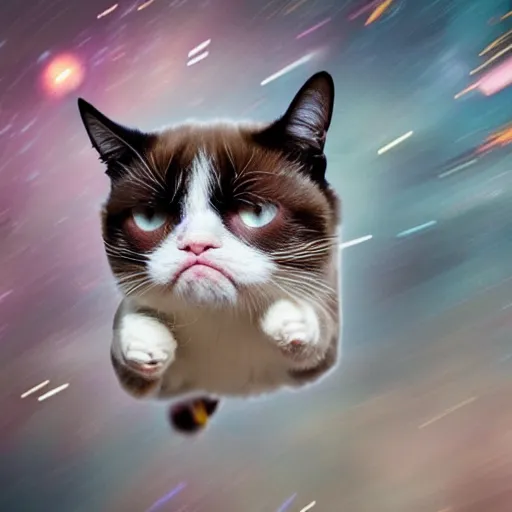 Image similar to photo of hyperspeed flying through outer space, blurry grumpy cat running fast with motion blur