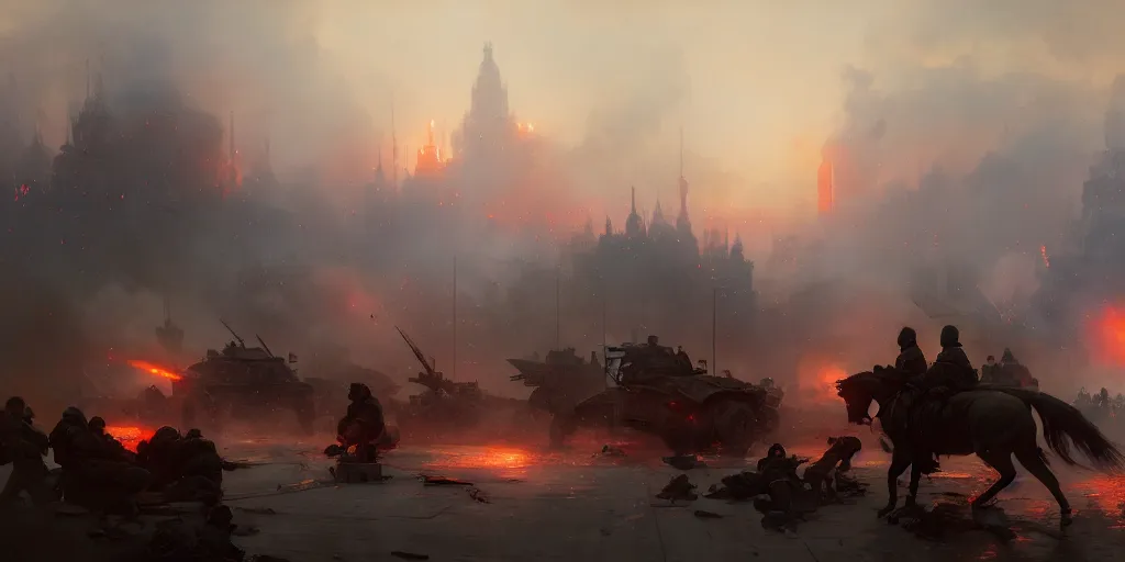 Image similar to russian civil war in moscow, explosions everywhere, extremely detailed digital painting, in the style of fenghua zhong and ruan jia and jeremy lipking and peter mohrbacher, mystical colors, rim light, beautiful lighting, 8 k, stunning scene, raytracing, octane, trending on artstation