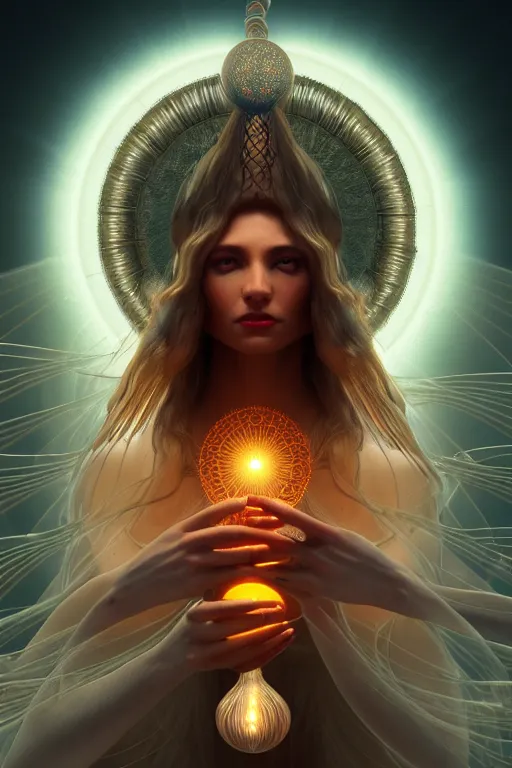 Prompt: a centered render of a goddess emitting a glorious geometric energy is surrounded by spiral mandel bulb fractals, powerful, cinematic, beautifully lit, by artgerm, by karol bak, 3 d, trending on artstation, octane render, 8 k